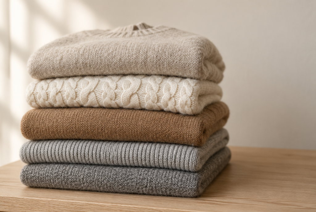 Folded knitwear in oatmeal, cream and camel