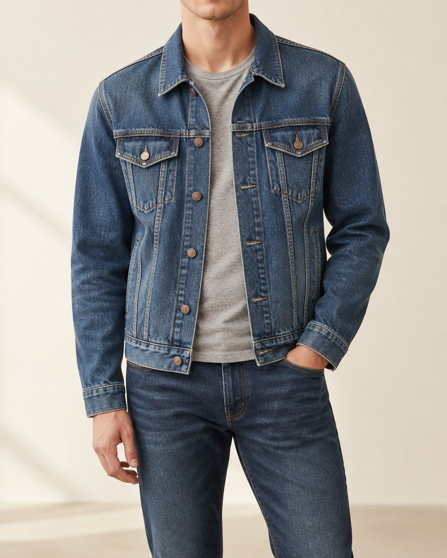 Ridge Denim Trucker Jacket in Mid Indigo